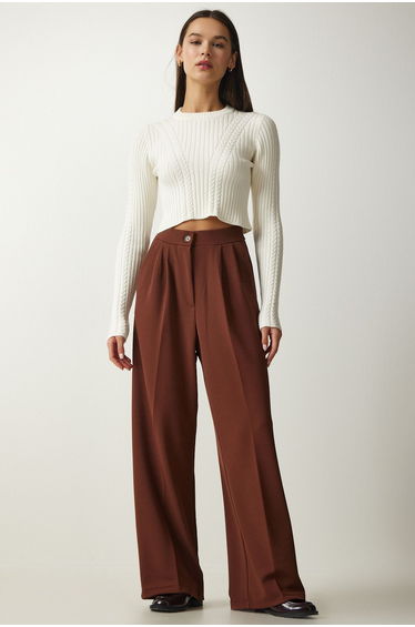 Women's Brown Pleated Palazzo Trousers