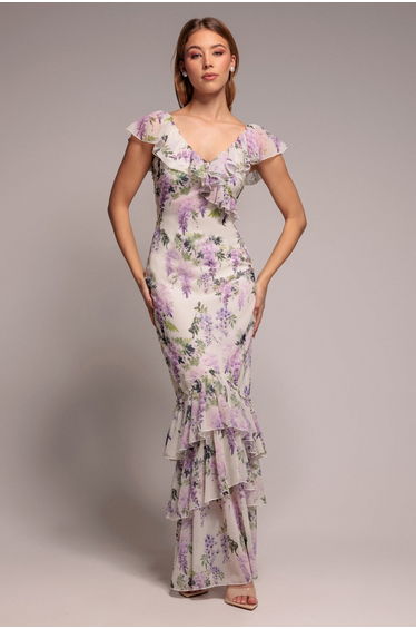 Goddiva Printed Ruffle Neck & Hem Dress - Multi