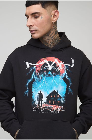Tall Oversized Gothic OFCL TOUR Man Vintage Wash Print Hoodie - black
