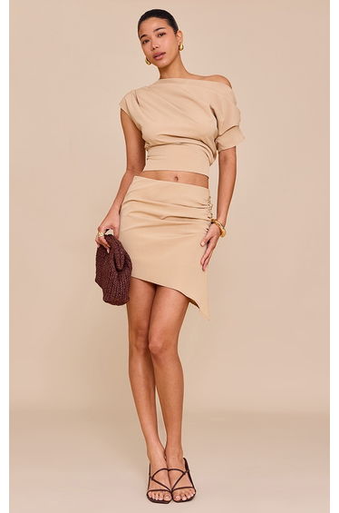Sand Woven Ruched Mid Rise Mini Skirt