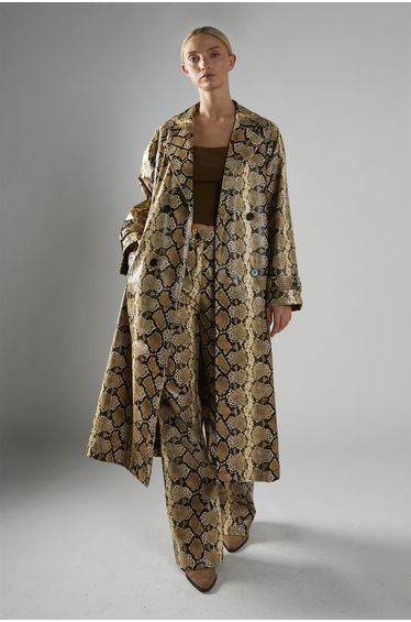 Beige-Snakeskin Double-Breasted Trench-Coat