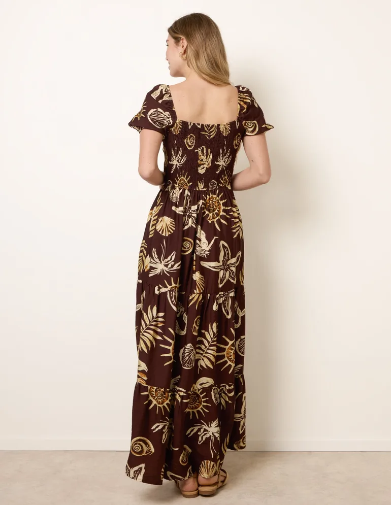 Shell Knot Front Puff Sleeve Midi Dress - 5