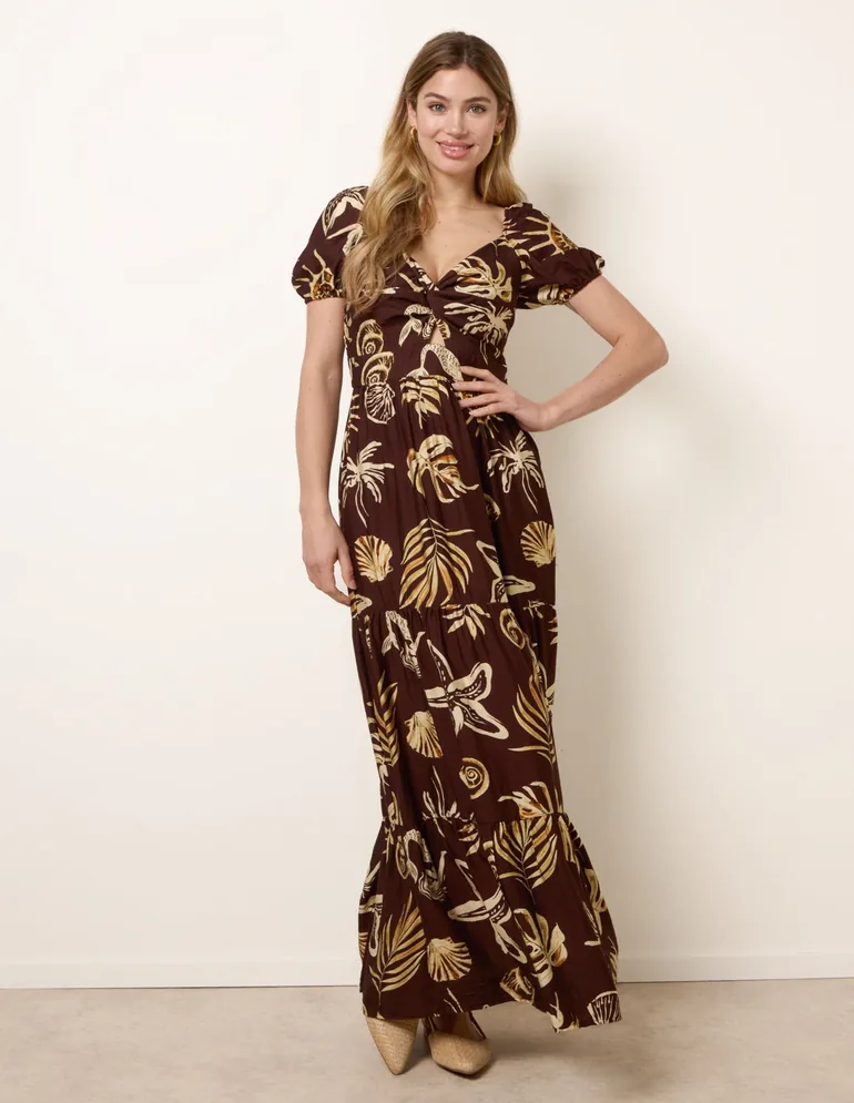Shell Knot Front Puff Sleeve Midi Dress - 2