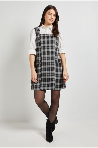 Black Check Pocket Detail Tie Back Pinafore Mini Dress