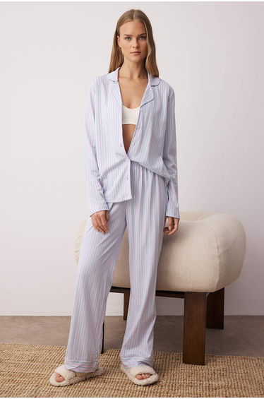 Lilac-Multicolored 100% Cotton Striped Shirt-Pants Knitted Pajama Set