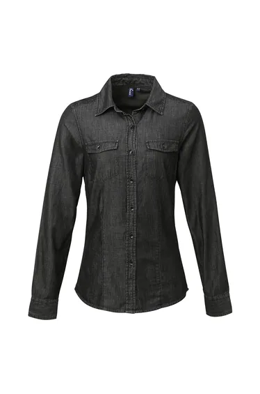 Premier Womens/Ladies Jeans Stitch Long Sleeve Denim Shirt - Black Denim