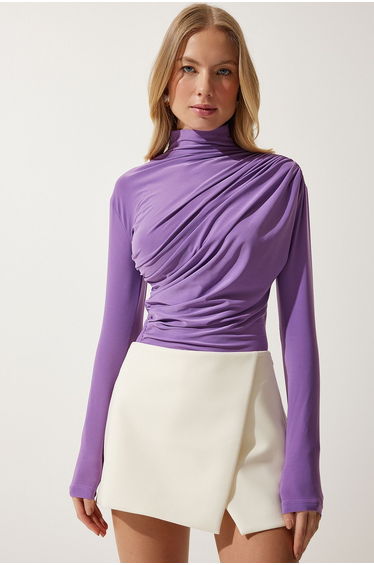 Women's Lilac Gathered Detailed High Neck Sandy Blouse