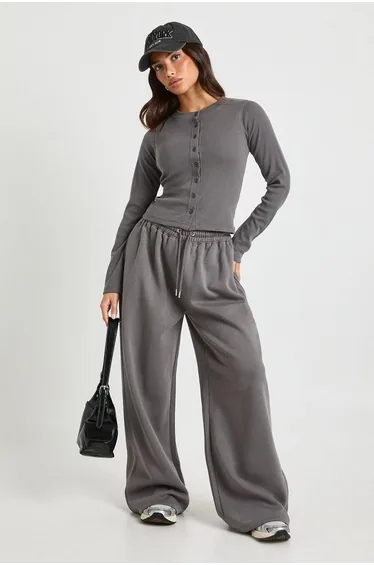 Petite Rib Button Through Long Sleeve Tracksuit - charcoal