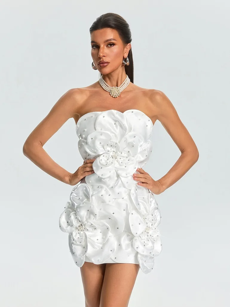 Ultharic Strapless Rhinestone Flower Mini Dress