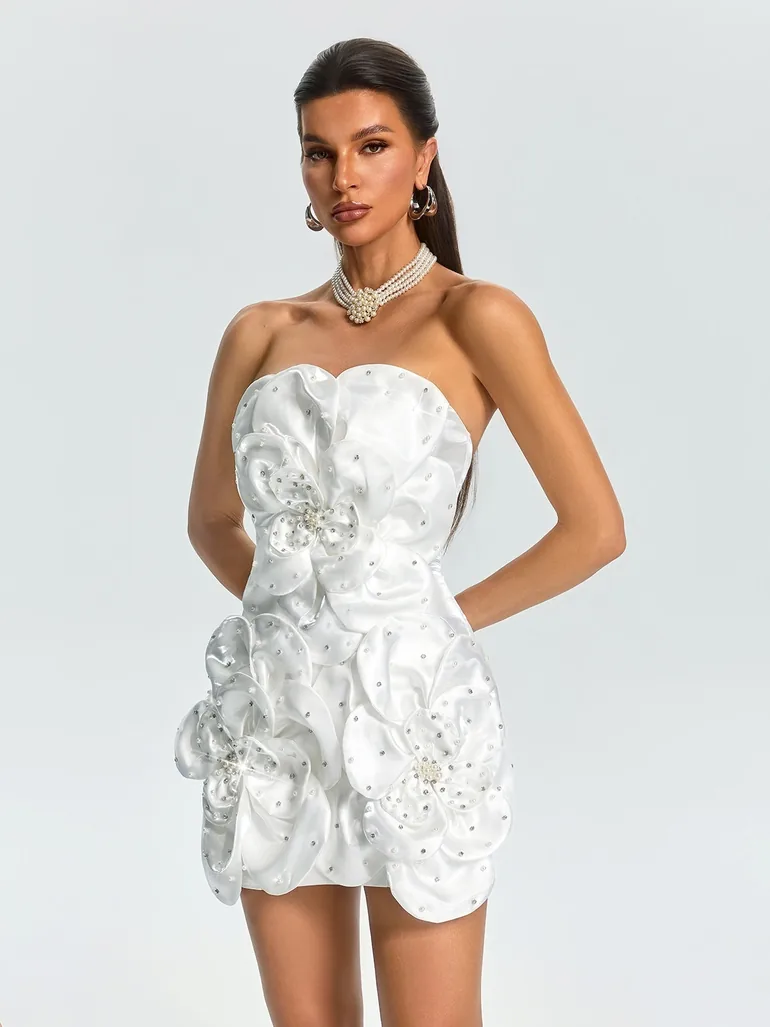 Ultharic Strapless Rhinestone Flower Mini Dress - 3