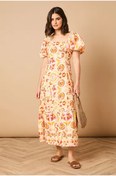 Trim Detail Square Neck Puff Sleeve Dress