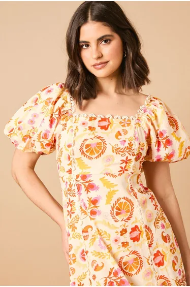 Trim Detail Square Neck Puff Sleeve Dress