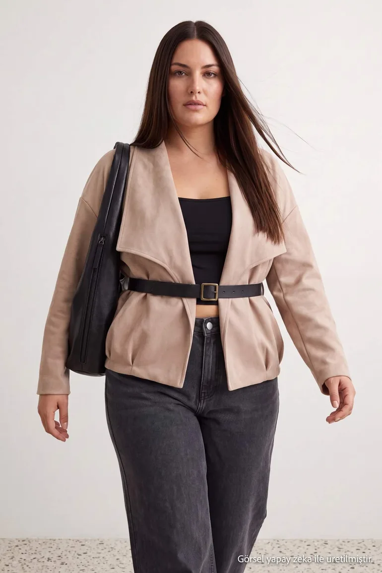 Mink Oversize Patterned Belted Suede Bomber Jacket Coat Plus Size Coat - 4