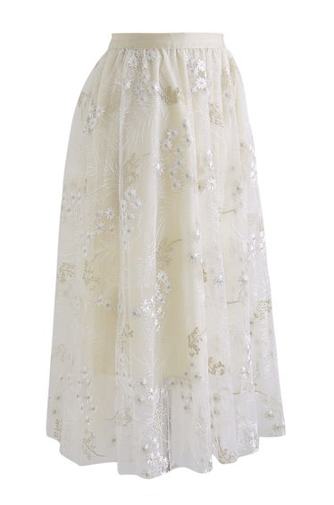 Divine Daisy Embroidered Mesh Tulle Skirt in Cream
