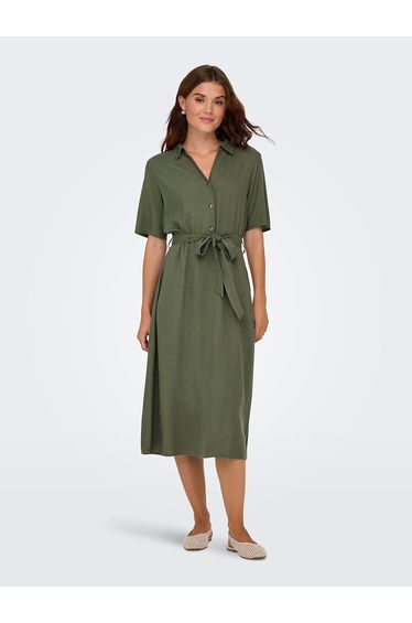 Midi-Length Dress with Belt, Shirt Collar