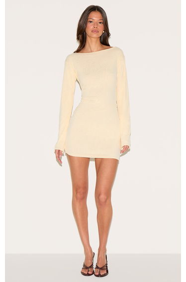 Almond Onion Skin Boat Neck Flute Sleeve Mini Dress