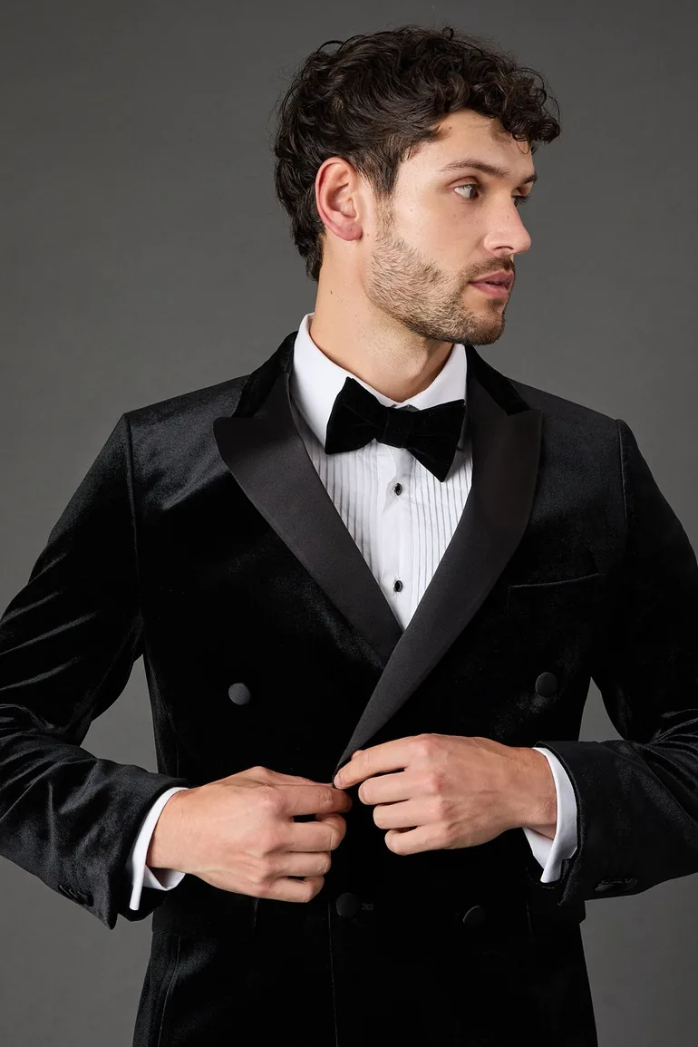 Black Velvet Double Breasted Tuxedo Jacket - 2