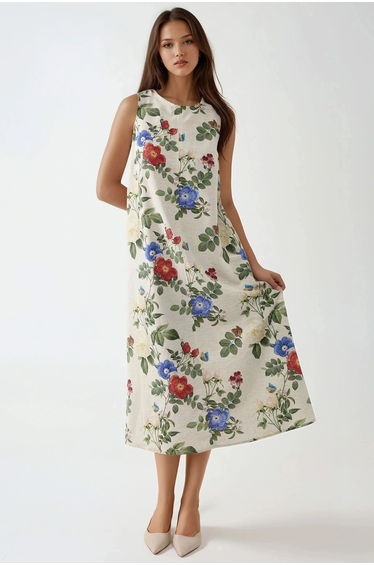 Linen Feel Sleeveless Crew Neck Dress