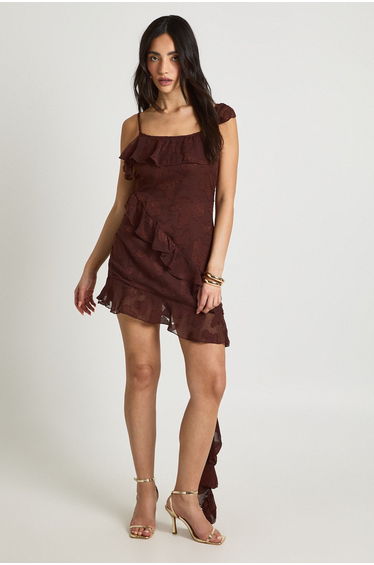 Floral Burnout Ruffle Detail Slip Dress - chocolate