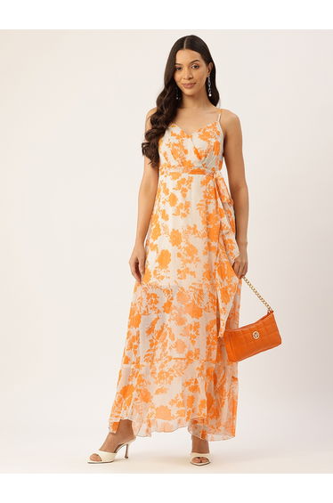 Women Orange Floral Print Wrap Maxi Dress