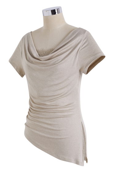 Lace-Inset Draped Neck Side-Slit Asymmetric Top in Oatmeal for Dinner Dates & Vacations