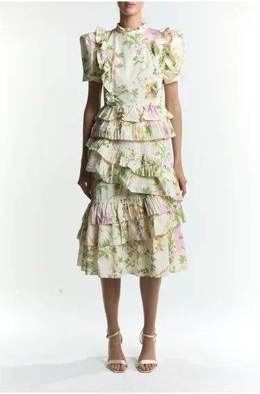 فستان ميدي بأكمام منفوخة بطبعة أزهار - بيج