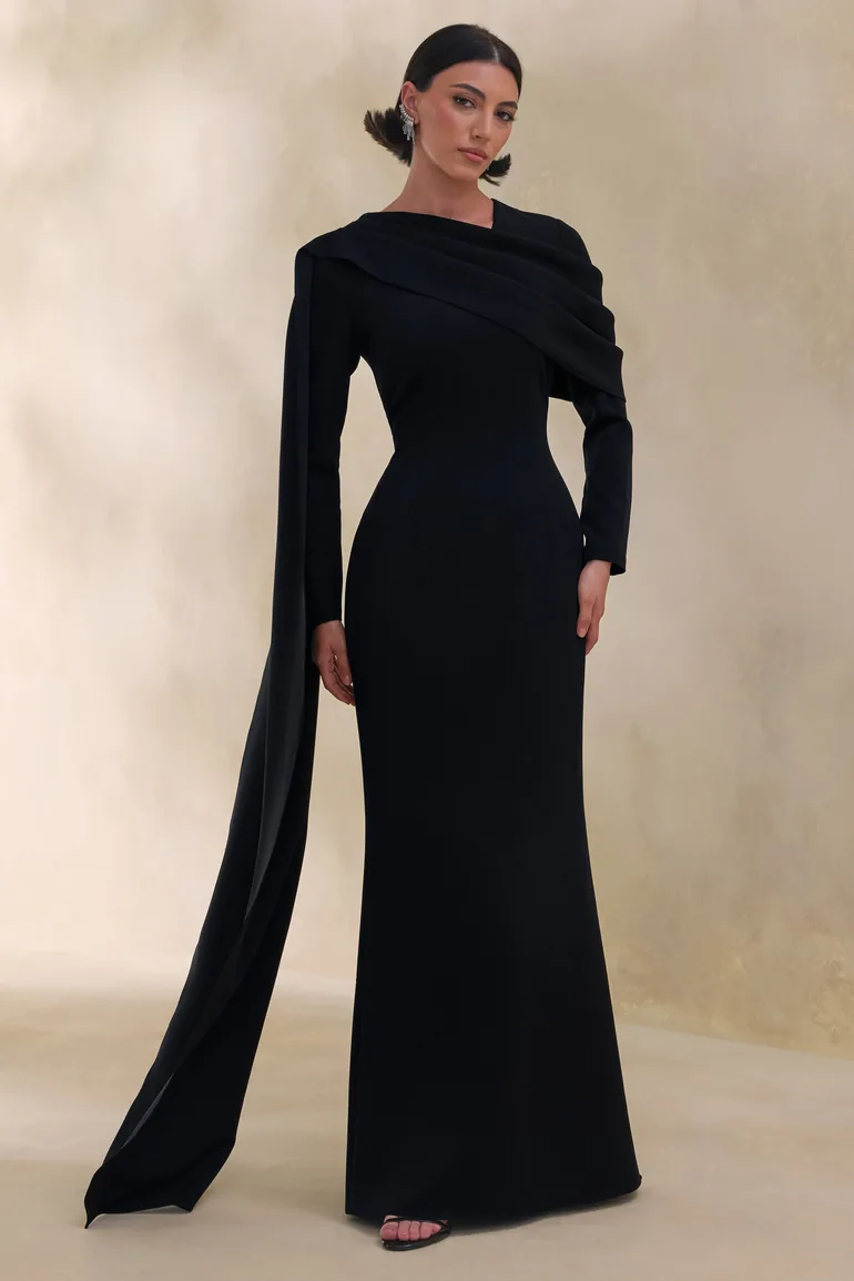 Heliora | Black V-Neck Maxi Dress With Sash And Draped-Detail - 5