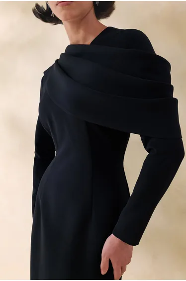 Heliora | Black V-Neck Maxi Dress With Sash And Draped-Detail