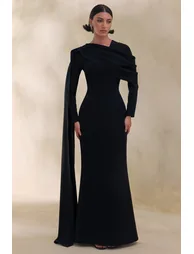 Heliora | Black V-Neck Maxi Dress With Sash And Draped-Detail