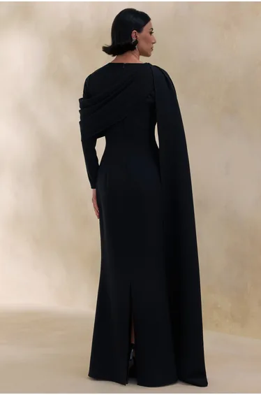 Heliora | Black V-Neck Maxi Dress With Sash And Draped-Detail