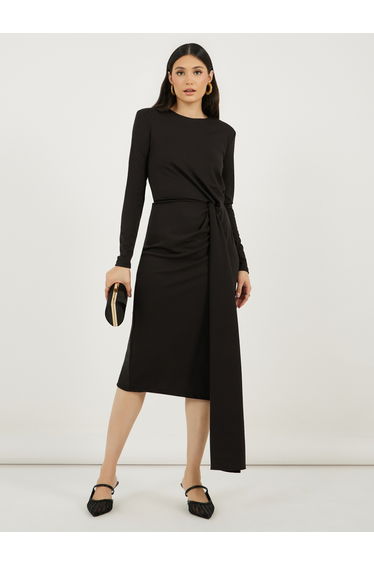 Solid Long Sleeves Sheath Midi Dress with Self Tie Up