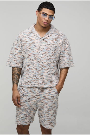 Brushed Boucle Oversized Shirt & Relaxed Short Set - multi