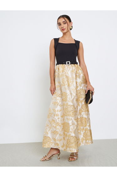 Beige Floral Belted Sleeveless Maxi Dress