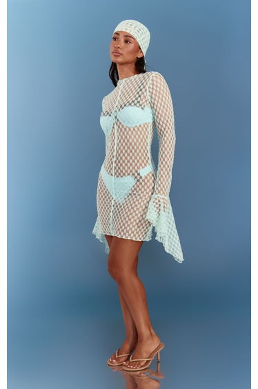 Aqua Textured Sheer Flare Sleeve Mini Beach Dress