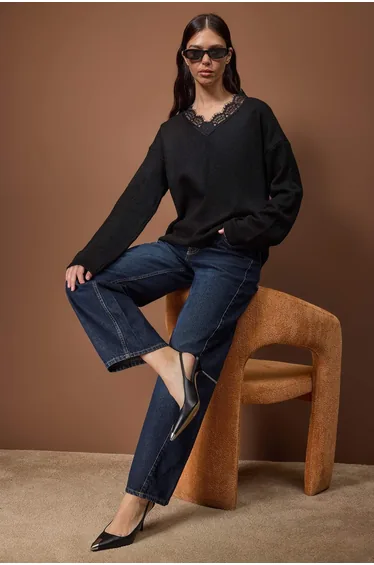 Black soft textured v-neck lace knit sweater