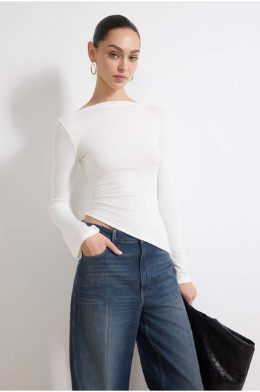 Ecru Fitted/Bodycon Boat Neck Long Sleeve Premium Soft Knitted Blouse