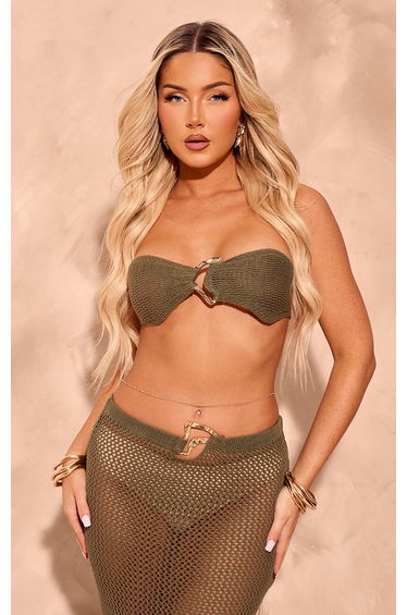Khaki Crochet Gold Trim Bandeau Beach Top