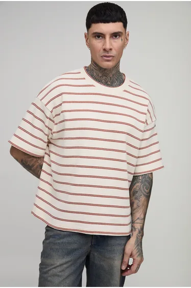 Tall Oversized Striped Waffle T-shirt - ecru