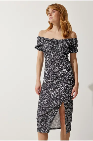 Women's Black Patterned Gathered Knitted Dress