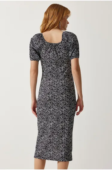 Women's Black Patterned Gathered Knitted Dress