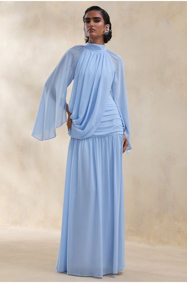 Narella | Blue Chiffon High-Neck Maxi Dress With Draped-Detailing