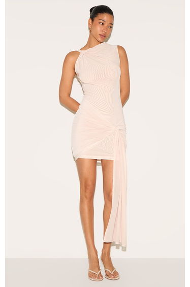 Cream Double Layer Mesh Twist Detail Mini Dress