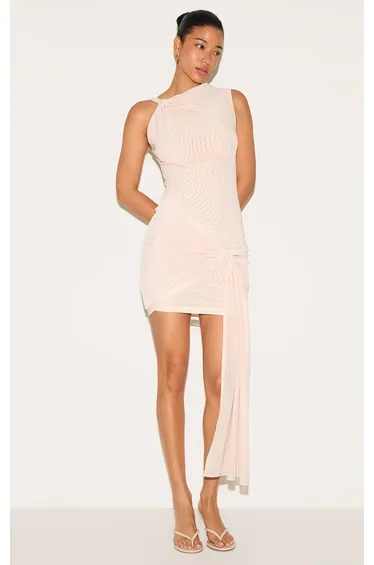 Cream Double Layer Mesh Twist Detail Mini Dress