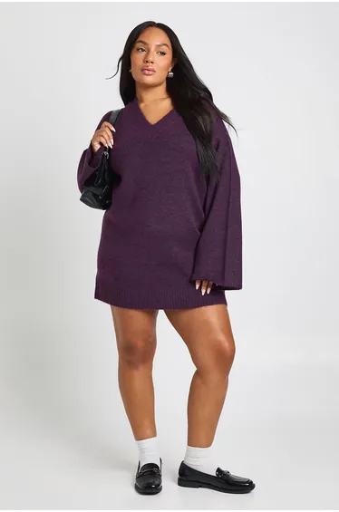 Plus V Neck Jumper Dress - aubergine