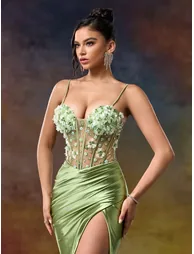Leely Green Satin Mermaid Floor-Length Dress - 6