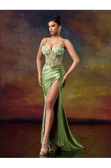 Leely Green Satin Mermaid Floor-Length Dress