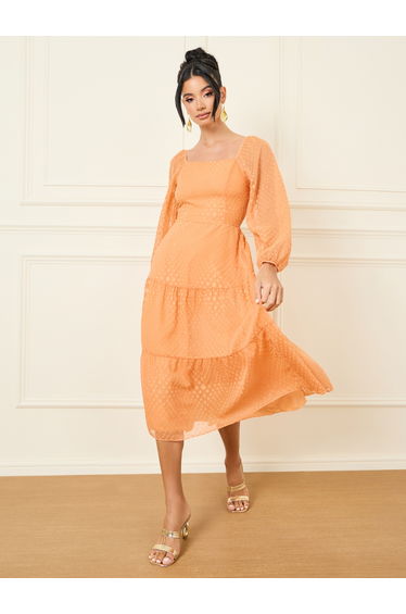 Dobby Texture Tiered Midi Dress