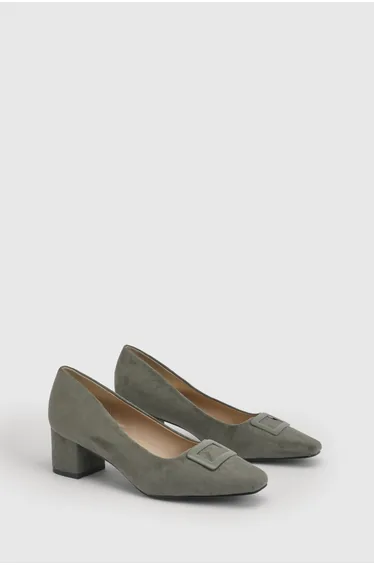 Danny Faux Suede Square Toe Covered Buckle Medium Block Heel Court shoes