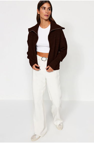 Dark Brown Wide Pattern Turn-down Collar Zippered Knitwear Cardigan