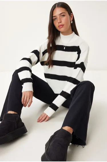 Women's Ecru High Collar Striped Knitwear Sweater